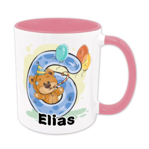 Bärchen-Tasse zum 6. Geburtstag - individualisierbar - Namenstasse - rosa