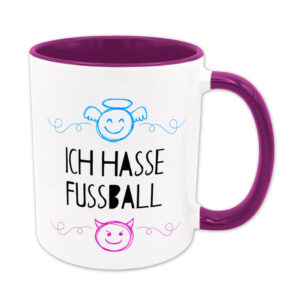 Ich hasse Fußball - lustige Sprüchetasse - violett - lila - Engelchen & Teufelchen