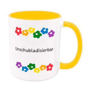 Unschubladisierbar - Blumen - lustige Sprüchetasse - Kaffeebecher - goldgelb